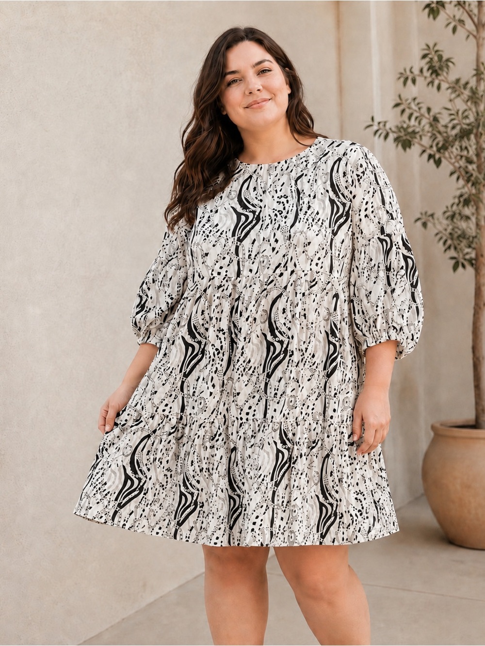 Flowy Black & White Abstract Tiered Dress